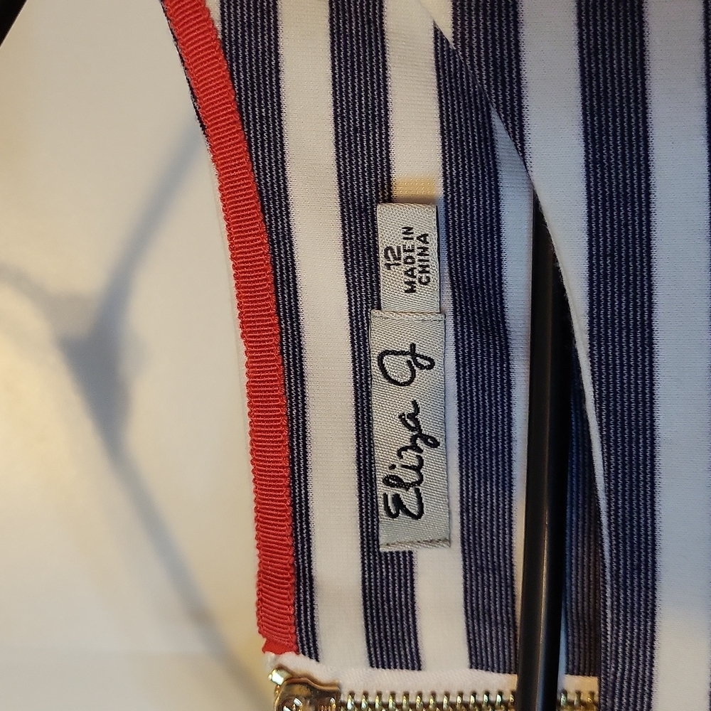 Eliza J. Dress Blue White Stripe Ponte Knit Lace Sleeve 12 Nautical - Picture 3 of 8